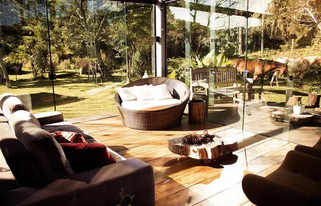 Sala de estar da Casa de Vidro com paredes de vidro e cavalos pastando no gramado lá fora.